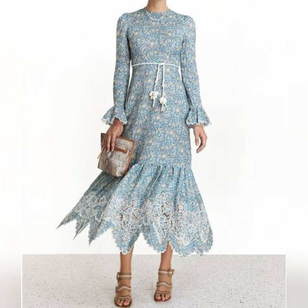 Zimmermann Carnaby Indigo Ditsy Floral-Print Broderie Anglaise Linen Maxi Dress - Picture 1 of 12